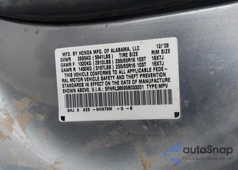 2009 Honda Odyssey Ex-L from USA, damaged, VIN 5FNRL38699B033201